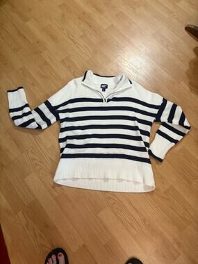 Lands' End Women's Navy &White Quarter Zip Cotton Sweater Large